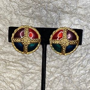 Vintage Rainbow Enamel & Gold Tone Clip On Earring